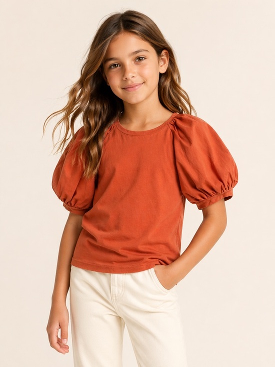 A Loves A Other - A Loves A Girls Puff Sleeve Top Kids Rust Crew Neck Cotton M 10/12Y